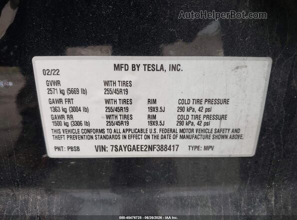 7SAYGAEE2NF388417 2022 TESLA MODEL Y Black Շարժիչի բաժամունքի տեսք