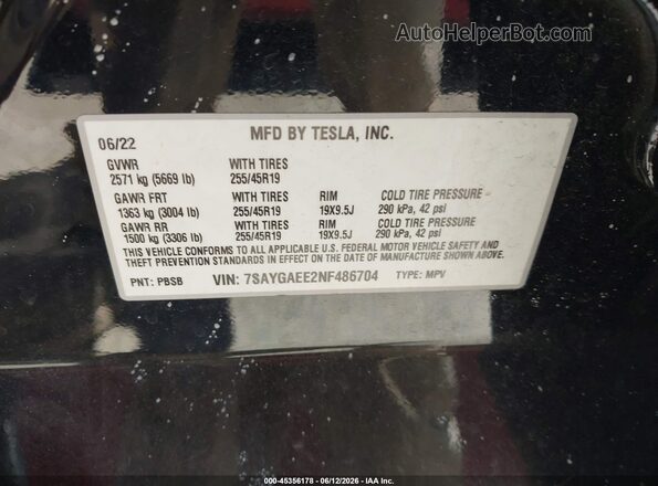 7SAYGAEE2NF486704 2022 TESLA MODEL Y Black Engine compartment view