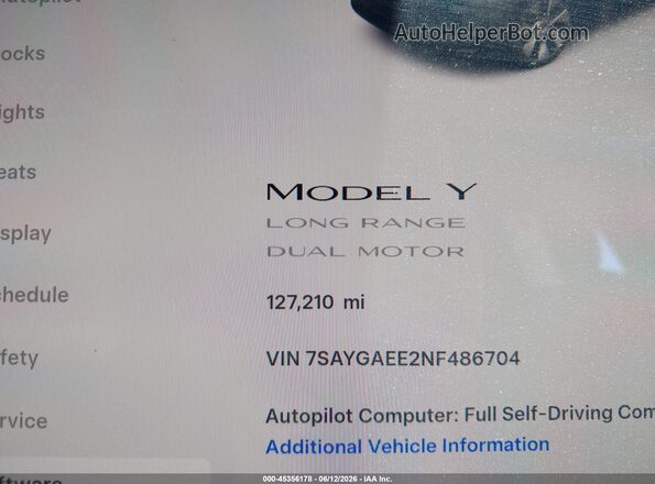 7SAYGAEE2NF486704 2022 TESLA MODEL Y Black 