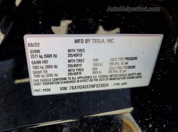 7SAYGAEE2NF523024 2022 TESLA MODEL Black 