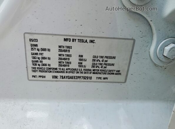 7SAYGAEE2PF792918 2023 TESLA MODEL White VIN sticker view