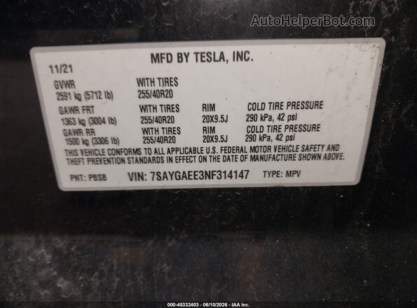 7SAYGAEE3NF314147 2022 TESLA MODEL Y Black Вид підкапотного простору
