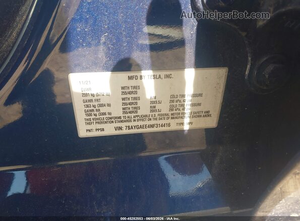 7SAYGAEE4NF314416 2022 TESLA MODEL Y Blue Vista del compartimento del motor