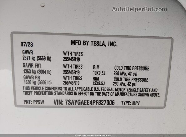 7SAYGAEE4PF827006 2023 TESLA MODEL Y White Вид підкапотного простору