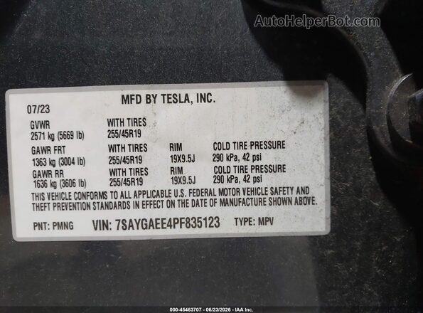 7SAYGAEE4PF835123 2023 TESLA MODEL Y Gray Շարժիչի բաժամունքի տեսք