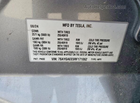 7SAYGAEE5RF171062 2024 TESLA MODEL Серебряный Вид наклейки с VIN-кодом