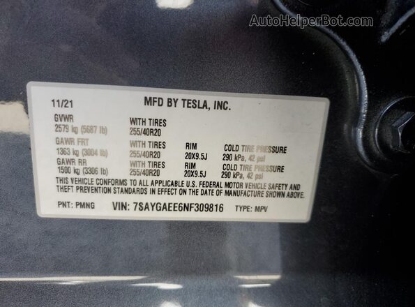 7SAYGAEE6NF309816 2022 TESLA MODEL Charcoal 