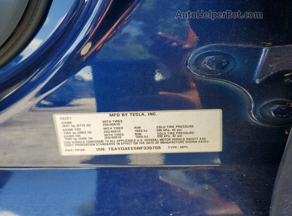 7SAYGAEE6NF336708 2022 TESLA MODEL Blue 