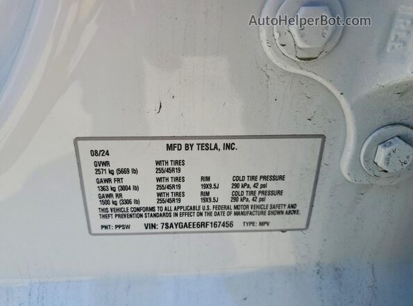 7SAYGAEE6RF167456 2024 TESLA MODEL White Widok naklejki z numerem VIN