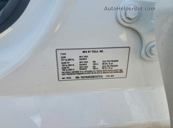 7SAYGAEE6SF257518 2025 TESLA MODEL White 