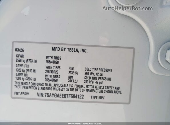 7SAYGAEE6TF604122 2026 TESLA MODEL Y Белый Вид подкапотного пространства