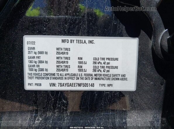 7SAYGAEE7NF505148 2022 TESLA MODEL Y Black ძრავის განყოფილების ხედი