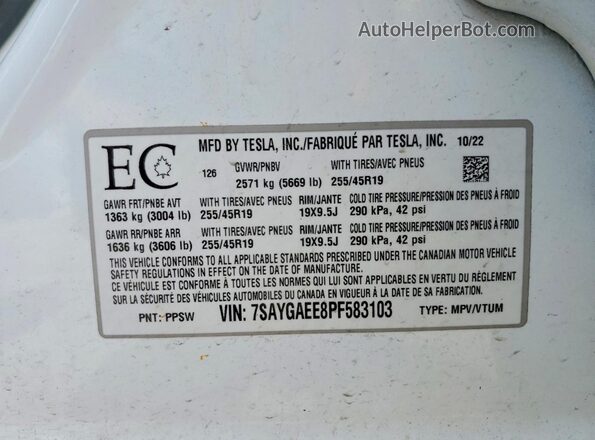 7SAYGAEE8PF583103 2023 TESLA MODEL White VIN կոդի պիտակի տեսք
