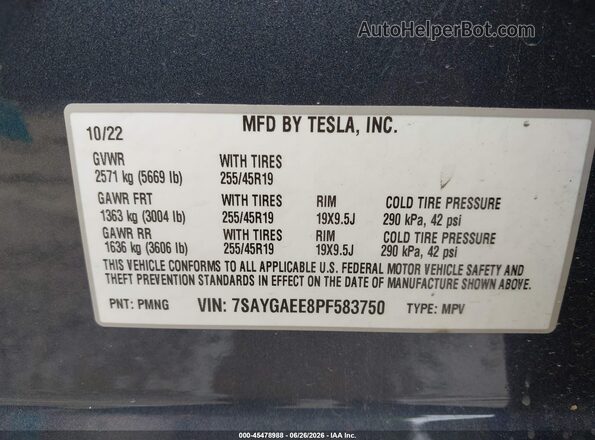 7SAYGAEE8PF583750 2023 TESLA MODEL Y Navy Вид подкапотного пространства