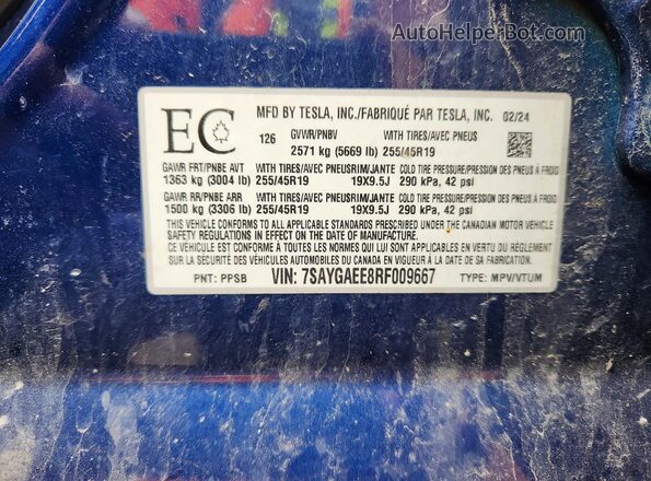 7SAYGAEE8RF009667 2024 TESLA MODEL Blue Widok naklejki z numerem VIN