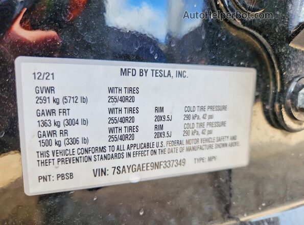 7SAYGAEE9NF337349 2022 TESLA MODEL Черный Вид наклейки с VIN-кодом