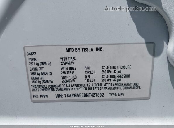 7SAYGAEE9NF427892 2022 TESLA MODEL Y Белый Вид подкапотного пространства