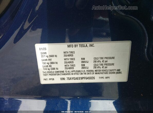 7SAYGAEE9PF645026 2023 TESLA MODEL Y Blue Engine compartment view