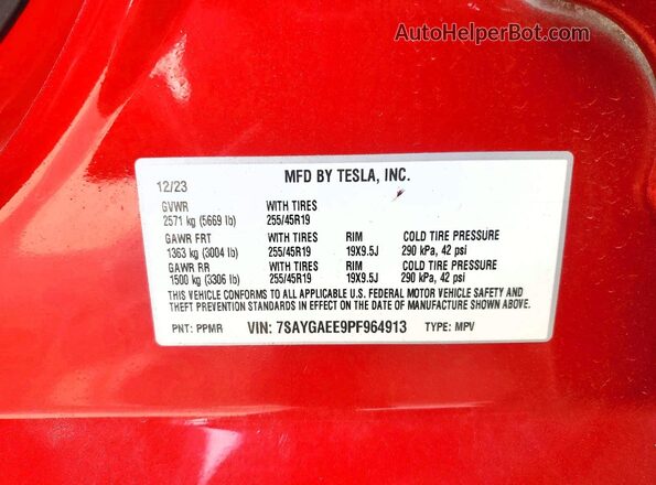 7SAYGAEE9PF964913 2023 TESLA MODEL Red VIN sticker view