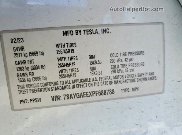 7SAYGAEEXPF688788 2023 TESLA MODEL White VIN sticker view