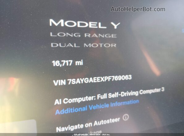 7SAYGAEEXPF769063 2023 TESLA MODEL Y Blue უკანა სავარძლების ხედი