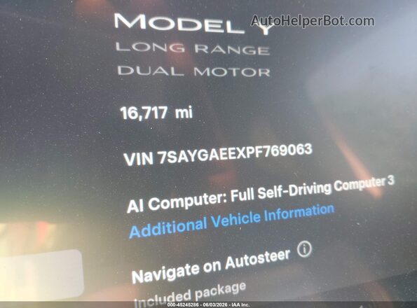 7SAYGAEEXPF769063 2023 TESLA MODEL Y Blue სალონის 360-გრადუსიანი ხედი