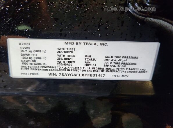 7SAYGAEEXPF831447 2023 TESLA MODEL Black VIN კოდის სტიკერის ხედი