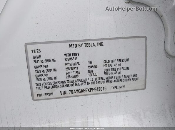 7SAYGAEEXPF942015 2023 TESLA MODEL Y White Вид підкапотного простору