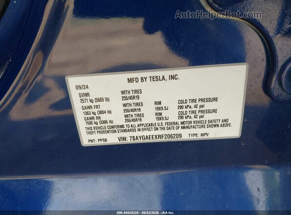 7SAYGAEEXRF206209 2024 TESLA MODEL Y Blue ძრავის განყოფილების ხედი