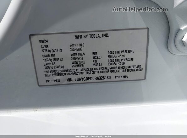 7SAYGDED0RA328180 2024 TESLA MODEL Y Белый Вид подкапотного пространства