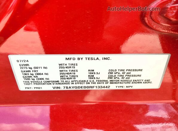 7SAYGDED0RF133442 2024 TESLA MODEL Red Vista de la etiqueta del VIN