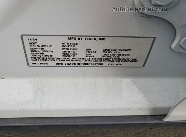 7SAYGDED0SF242568 2025 TESLA MODEL Белый Вид наклейки с VIN-кодом