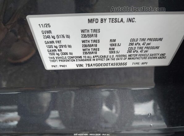 7SAYGDED0TA593866 2026 TESLA MODEL Y Gray Շարժիչի բաժամունքի տեսք