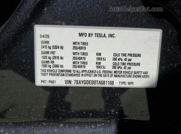 7SAYGDED0TA681168 2026 TESLA MODEL Charcoal Vista de la etiqueta del VIN