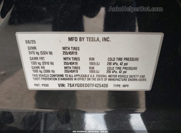 7SAYGDED0TF425406 2026 TESLA MODEL Y Black Engine compartment view