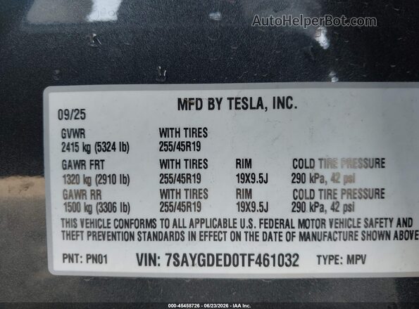 7SAYGDED0TF461032 2026 TESLA MODEL Y Gray Շարժիչի բաժամունքի տեսք