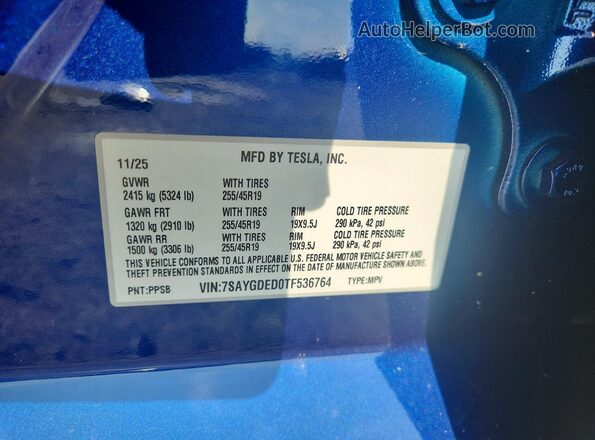 7SAYGDED0TF536764 2026 TESLA MODEL Blue 