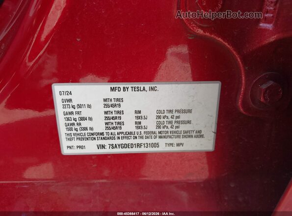 7SAYGDED1RF131005 2024 TESLA MODEL Y Красный Вид подкапотного пространства