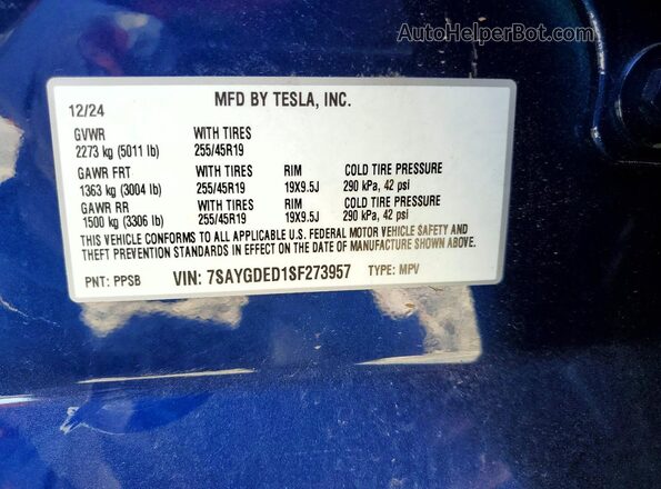 7SAYGDED1SF273957 2025 TESLA MODEL Blue ძრავის განყოფილების ხედი