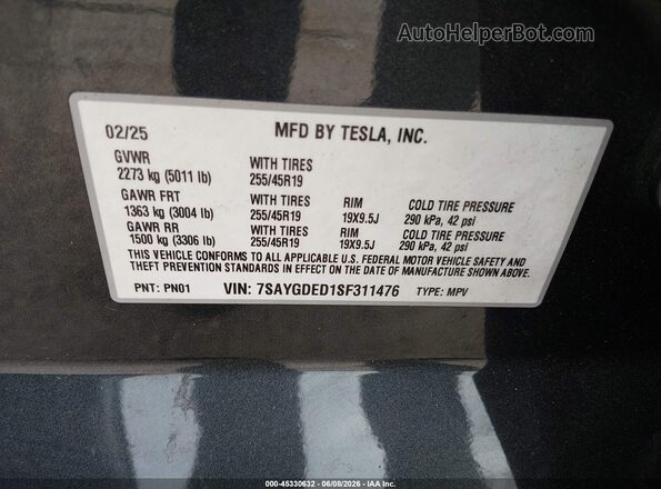 7SAYGDED1SF311476 2025 TESLA MODEL Y Black ძრავის განყოფილების ხედი