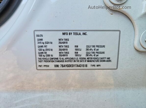 7SAYGDED1TA431518 2026 TESLA MODEL White Vista de la etiqueta del VIN