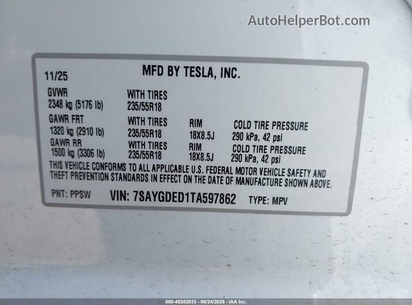 7SAYGDED1TA597862 2026 TESLA MODEL Y White Engine compartment view
