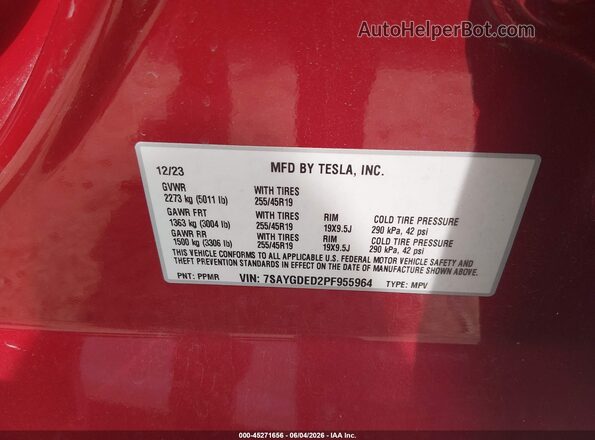 7SAYGDED2PF955964 2023 TESLA MODEL Y Red Շարժիչի բաժամունքի տեսք
