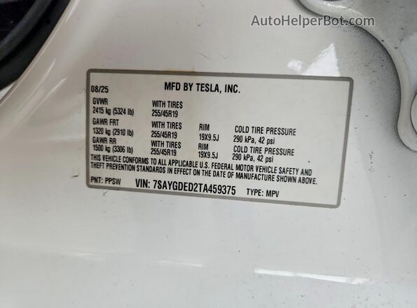 7SAYGDED2TA459375 2026 TESLA MODEL White VIN կոդի պիտակի տեսք