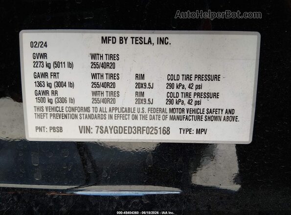 7SAYGDED3RF025168 2024 TESLA MODEL Y Black ძრავის განყოფილების ხედი