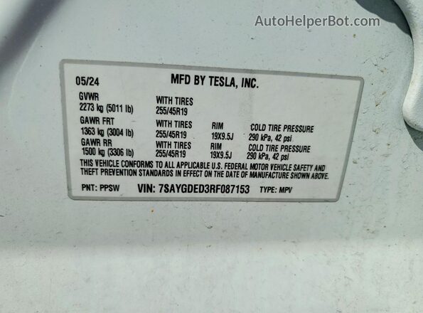 7SAYGDED3RF087153 2024 TESLA MODEL White Engine compartment view