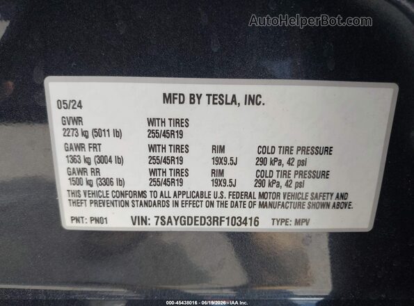 7SAYGDED3RF103416 2024 TESLA MODEL Y Black Engine compartment view