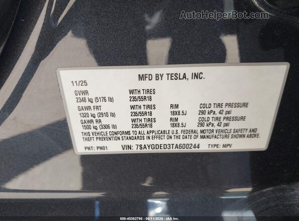 7SAYGDED3TA600244 2026 TESLA MODEL Y Gray Вид підкапотного простору
