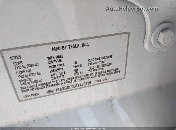 7SAYGDED3TF408356 2026 TESLA MODEL Y Белый Вид подкапотного пространства