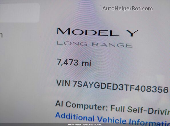 7SAYGDED3TF408356 2026 TESLA MODEL Y Белый Панорамный вид салона 360°